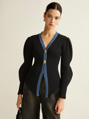 Scalloped Sleeve Denim Paneled Ribbed Cardigan