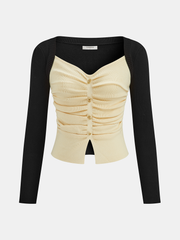 Color-Block Ruched Button Front Knit Top