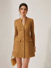 Metal Button Suede Effect Keyhole-Neck Mini Dress
