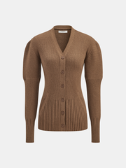 Puff Sleeve Ribbed V-Neck Cardigan