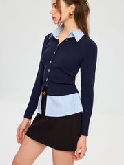 Striped Shirt Panel Metal Button Knit Top