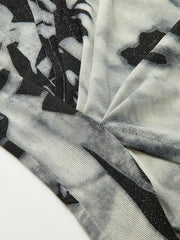 Semi-Sheer Long Sleeve Mesh Marble Print Wrap Blouse