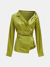 Satin Asymmetrical Collar Wrap Shirt with Side Buttons
