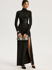 Belted High-Slit Turtleneck Maxi Dress