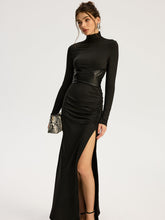 Belted High-Slit Turtleneck Maxi Dress