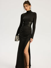Belted High-Slit Turtleneck Maxi Dress