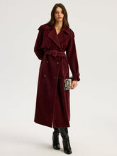 Belted Double-Breasted Suede Effect Long Trench Coat