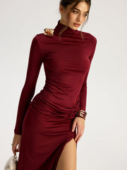 Metal Flower Slit Ruched Mock Neck Maxi Dress