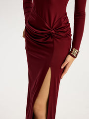Metal Flower Slit Ruched Mock Neck Maxi Dress
