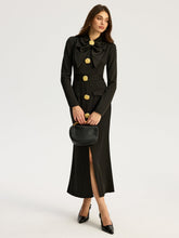 Bow-collar Long-Sleeved Dress with Metal Button
