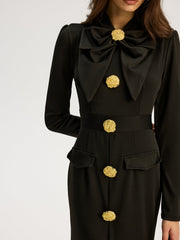 Bow-collar Long-Sleeved Dress with Metal Button
