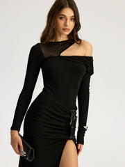 Mesh Paneled Cold-Shoulder Bodysuit