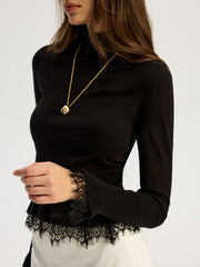 Lace Trim Mock Neck Knit Top
