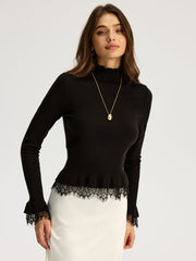 Lace Trim Mock Neck Knit Top