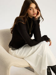 Lace Trim Mock Neck Knit Top