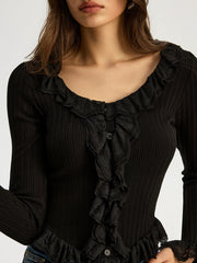 Ruffled Ribbed Long-sleeve Knit Top