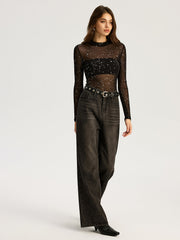 Glitter Star Sheer Mesh Long-Sleeve Bodysuit