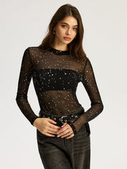 Glitter Star Sheer Mesh Long-Sleeve Bodysuit