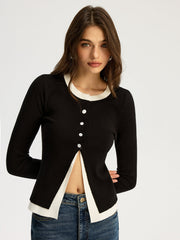 2 in 1 Contrast Trim Slit Knit Top