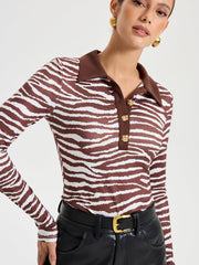Zebra Print Long Sleeve Polo Shirt