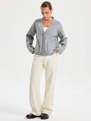 V-Neck Pocketed Metal Button Cardigan