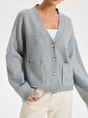 V-Neck Pocketed Metal Button Cardigan