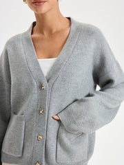 V-Neck Pocketed Metal Button Cardigan