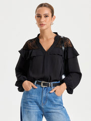 Black Lace Detailed Long Sleeve Blouse