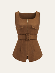 Square Neck Zip Front Belted Vest