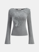 Faux Pearl Decor 3D Floral Fitted Soft Knit Top