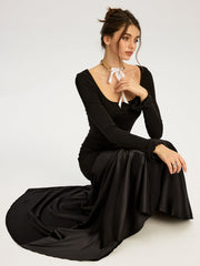 Satin Panel Jersey Sqaure Neck Long Dress