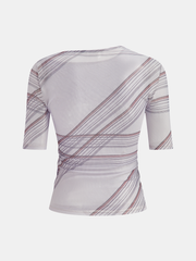Asymmetric Neck Striped Mesh Top