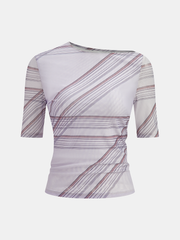 Asymmetric Neck Striped Mesh Top