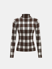 Checkered Wool-Blend Mock Neck Knit Top