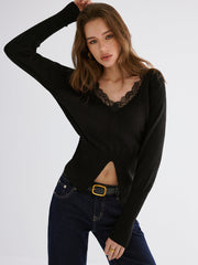 Lace Trim V-Neck Knit Top