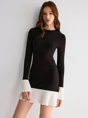 Pleated Contrast Flared Sleeve Dress