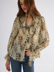 Semi-Sheer Ruffle Leopard Print Blouse