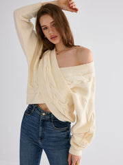 Cable Knit Cross-Front V-Neck Sweater