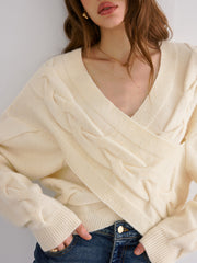 Cable Knit Cross-Front V-Neck Sweater