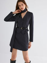 Pinstripe V-Neck Belted Blazer and Skirt Set