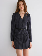 Pinstripe V-Neck Belted Blazer and Skirt Set