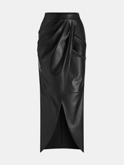 Slit Pleated Fitted PU Midi Skirt