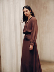 Tie-Neck Ruched Chiffon Maxi Dress