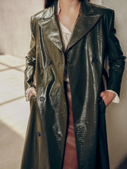 Gradient Double-Breasted Belted PU Leather Coat