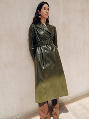 Gradient Double-Breasted Belted PU Leather Coat