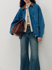 Suede Collar Zip-Front Denim Jacket
