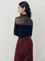 Sheer Mesh Panel Long Sleeve Top