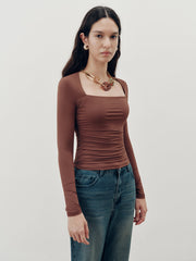 Square-Neck Ruched Long Sleeve Top