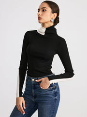 Color-Block Turtleneck Ribbed Knit Top