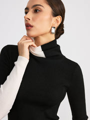 Color-Block Turtleneck Ribbed Knit Top